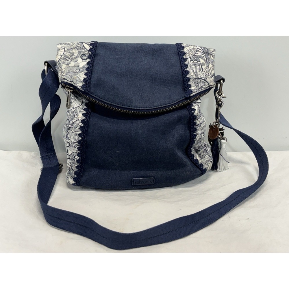SAKROOTS Women's Artist Circle Foldover Crossbody Blue White Owl Tassel Charm